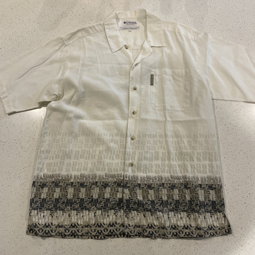 Columbia Hawaiian Shirt Men sz Large Ivory Tropical Short Sleeve Cotton